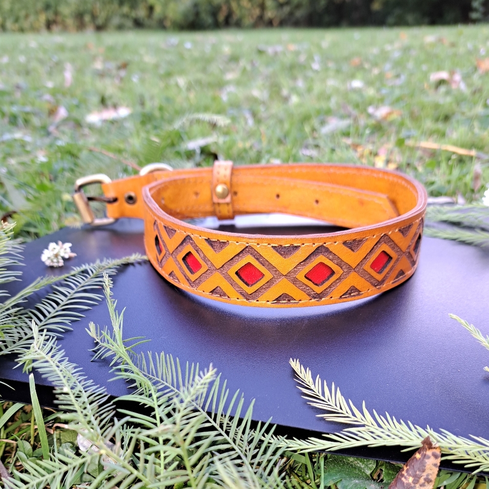 Leather Geometric Pattern Dog Collar - Red (22 in & 13 in)